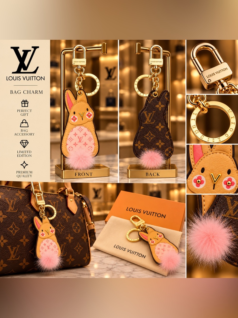 Luxury Bunny Keychain Bag Charm - Pink & Gold
